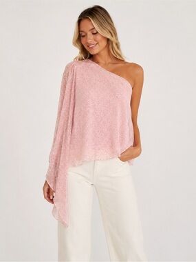 H by Halston Pink Abstract Print One Shoulder Draped Blouse Size 4